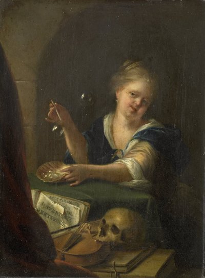 Bellenblazend meisje met een vanitas stilleven door Adriaen van der Werff (manner of)