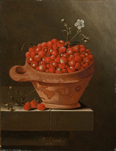 Stilleven met aardbeien in een kleipot, 1704 door Adrian Coorte