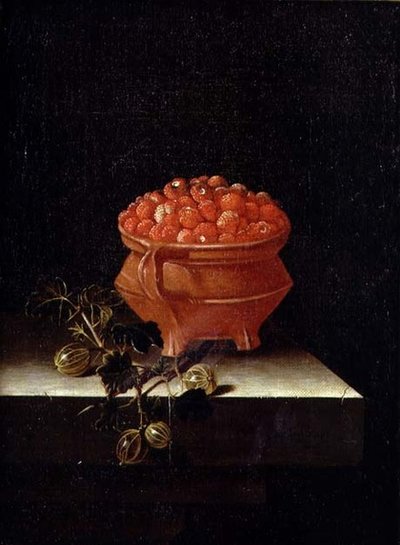 Aardbeien en kruisbessen op een stenen richel door Adrian Coorte