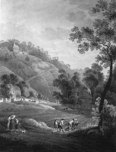 Uitzicht op kasteel Pillnitz met de tuin en de kunstmatige ruïne, rond 1792 door Adrian Zingg