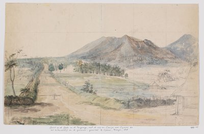 Gezicht op de vulkanen Gedé en Pangrango, weg Cianjur-Cipanas en buitenverblijf van de gouverneur-generaal te Cipanas, Priangan, West-Java door Adrianus Johannes Bik