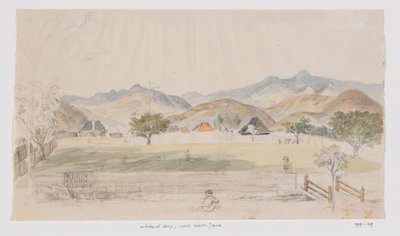 Landschap en gezicht op huizen en dorpsplein, West-Java door Adrianus Johannes Bik