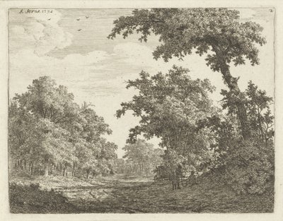 Rustende reizigers langs een weg in het bos door Adrianus Serné