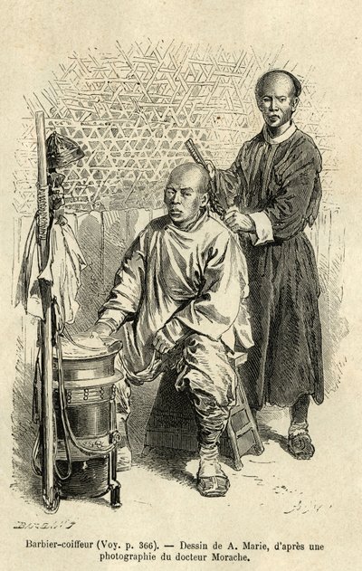 Een barbier in volle actie, een bank en cilindrische houten doos met compartimenten en een kom vormen zijn reisuitrusting. Gravure naar de tekening van A. Marie, ter illustratie van de reis naar Peking en Noord-China, door T. Choutze, in 1873, gepubliceerd door Adrien Emmanuel Marie