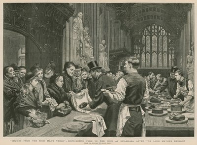 Voedseluitdeling aan de armen in Guildhall na het banket van de Lord Mayor (gravure) door Adrien Emmanuel Marie