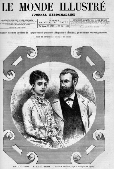 Portret van Daniel Wilson (1840-1919), Franse politicus met zijn vrouw, Alice Grevy. Gravure door Adrien Marie. Een van "The Illustrious World" No. 1282 van 22 oktober door Adrien Emmanuel Marie