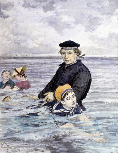 Zwemles - tekening door Adrien Marie (1848 - 1891), eind 19e eeuw door Adrien Emmanuel Marie