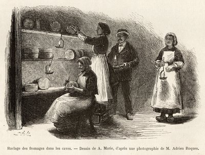 Het schrapen en naaien van kazen, na de wijnmakerij elke acht dagen, deze operaties vergemakkelijken de fermentatie en vorming van blauwe adering in de Roquefort, gravure naar een tekening van A. Marie, ter illustratie van een reis naar Roquefort en zijn o door Adrien Emmanuel Marie