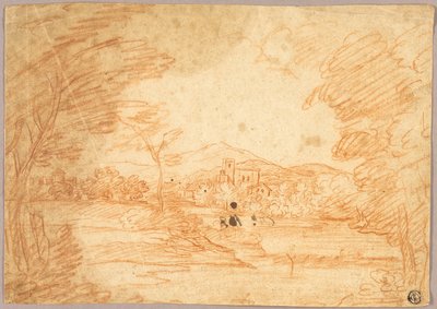 Rivierlandschap met gebouwen door Adrien Manglard