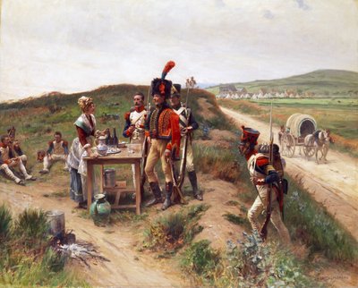 Soldaten bij een jonge Markthandelaarster tijdens de Rust door Adrien Moreau