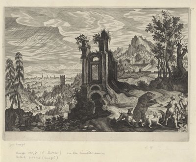 Landschap met berenjacht door Aegidius Sadeler (II) (rejected attribution)
