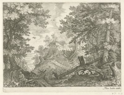 Boslandschap met twee jagers en een hond door Egidius  Sadeler (II)
