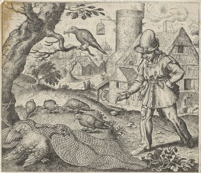 Fabel van de kiekendief en de koekoek door Egidius  Sadeler (II)