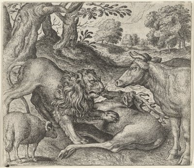 Fabel van de leeuw, de koe en het schaap op jacht door Egidius  Sadeler (II)