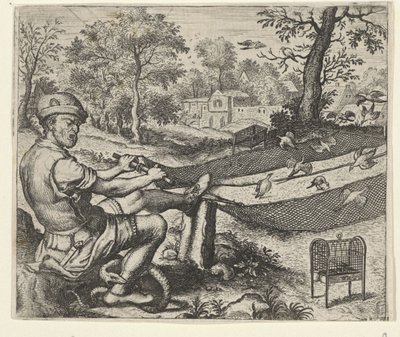 Fabel van de vogelvanger en de slang door Egidius  Sadeler (II)
