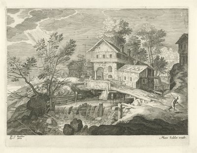Herberg en enkele huizen bij een brug door Egidius  Sadeler (II)