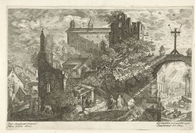 Houten kruis aan oude stadspoort door Egidius  Sadeler (II)