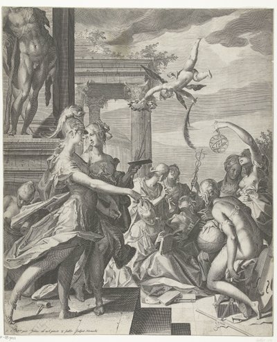 Minerva vergezelt de Schilderkunst naar haar plaats bij de wetenschappen door Egidius  Sadeler (II)