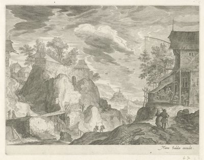 Rotslandschap met herberg en huizen door Egidius  Sadeler (II)