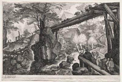 Acht Boheemse Landschappen: Landschap met Houten Brug over Waterval door Aegidius Sadeler