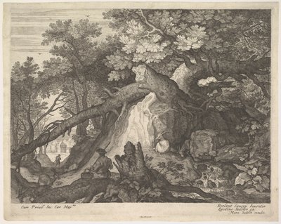 Een man met een staf zittend op een boomstam, met twee geiten aan weerszijden, ca. 1600 door Aegidius Sadeler II