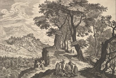 Landschap met Tobias en de Engel en Zigeuners door Aegidius Sadeler II