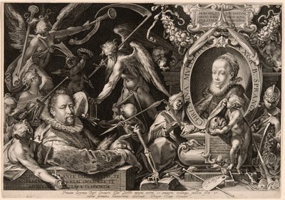 Portret van Bartolomaeus Spranger met een allegorie op de dood van zijn vrouw, Christina Müller door Aegidius Sadeler II