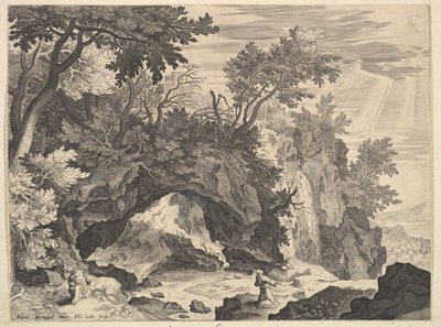 Rotsachtig landschap met de stigmatisatie van Sint Franciscus door Aegidius Sadeler II