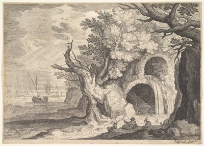 Vernield aquaduct met water dat naar een stroom beneden stroomt, schepen op zee daarachter... door Aegidius Sadeler II