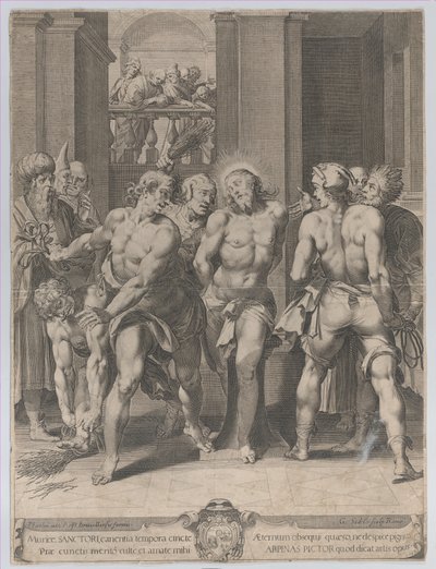 De geseling van Christus, met geselaars aan beide zijden en figuren die vanaf een balkon toekijken, 1593 door Aegidius Sadeler II