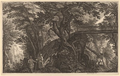 Boslandschap met Twee Mannen en een Vrouw die Rusten bij een Brug door Aegidius Sadeler II after Pieter Stevens