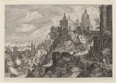 Rotsachtig landschap in Bohemen door Aegidius Sadeler II after Pieter Stevens
