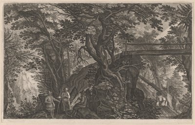 Reizigers rusten in een bergbos bij een boomstambrug door Aegidius Sadeler II after Pieter Stevens