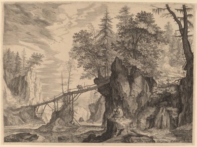 Tekenaar op een Steen voor een Brug door Aegidius Sadeler II after Roelandt Savery
