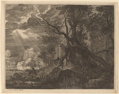 Landschap met Mannen die Vissen bij Maanlicht door Aegidius Sadeler II after Roelandt Savery
