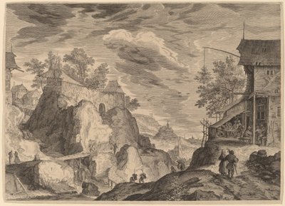 Landschap met een Herberg Rechts en een Huis op Rotsen Links door Aegidius Sadeler II after Roelandt Savery