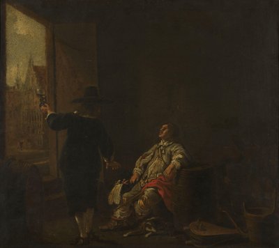 Uithangbord van een wijnwinkel, met wijnproeven aan de ene kant en wijnvaten aan de andere kant door Aelbert Cuyp (circle of)