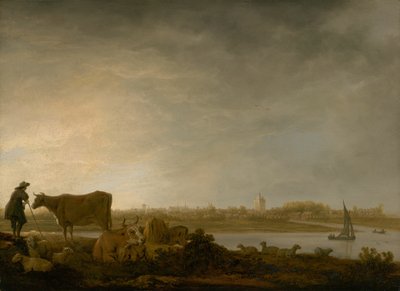 Gezicht op Vianen met een herder en vee bij een rivier door Aelbert Cuyp