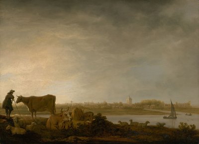 Een uitzicht op Vianen met een herder en vee bij een rivier, c.1643-45 door Aelbert Cuyp