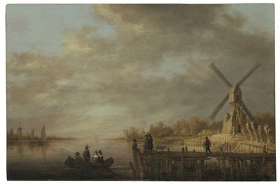 Een rivierlandschap met een windmolen en heren in een roeiboot en op een steiger op de voorgrond door Aelbert Cuyp