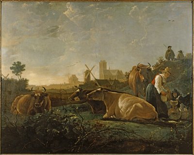 Melkmeisje en vee bij Dordrecht ... (schilderij op doek) door Aelbert Cuyp