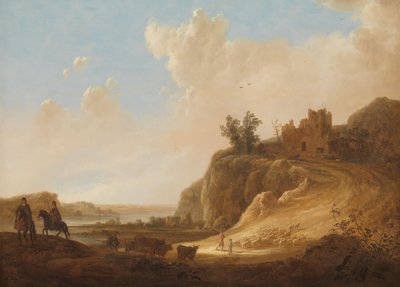 Bergachtig landschap met de ruïnes van een kasteel door Aelbert Cuyp