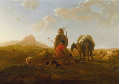 Twee herders in een heuvelachtig landschap door Aelbert Cuyp