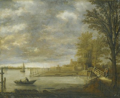 Gezicht op Dordrecht vanuit het zuiden, op de voorgrond de houthandelaren door Aelbert Cuyp