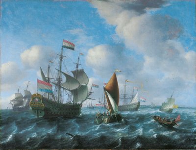 Een oorlogsschip, mogelijk Het Wapen van Utrecht, een wijdschip en een spiegelsloep in een stevige bries, 1671 door Aernout Smit