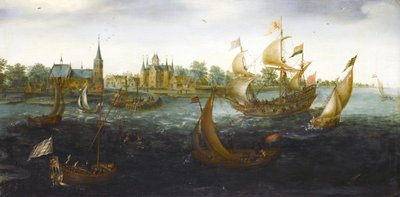 Ships off IJsselmonde door Aert Anthoniszoon