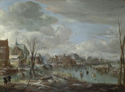 Een bevroren rivier bij een dorp, met golfers en schaatsers door Aert van der Neer