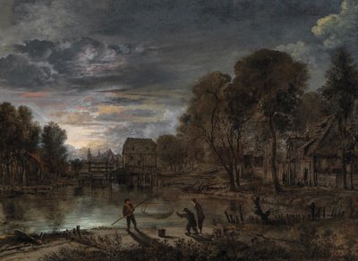 Een nachtelijk landschap met vissers door Aert van der Neer
