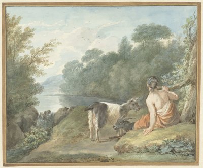 Herderin met geiten in een landschap met een meer door Aert Schouman