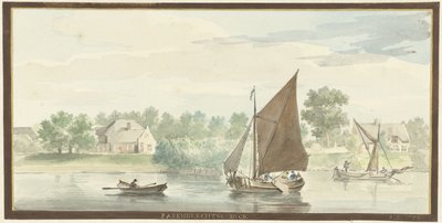 Zeilend schip op de Beneden Merwede bij de Papendrechtse dijk door Aert Schouman